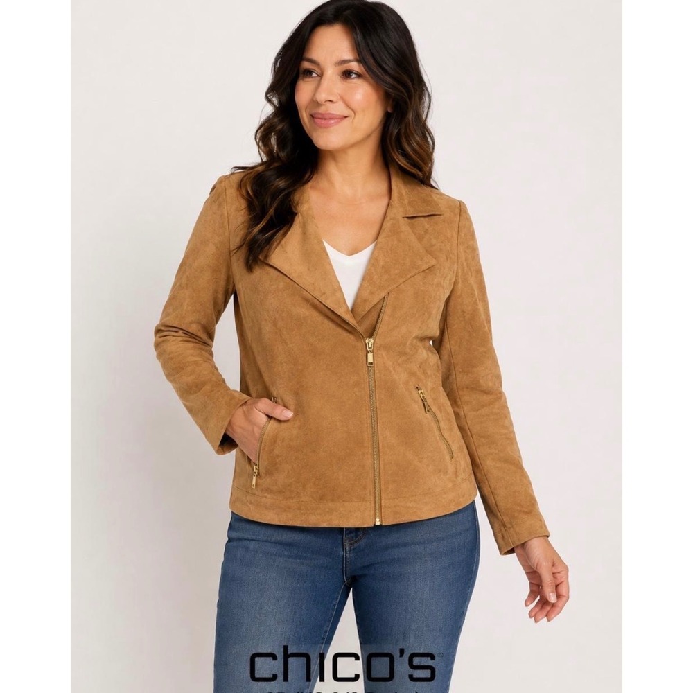 Chico's Moto Jacket Women 3P Tan Faux Suede Petite Asymmetrical Zip Biker Coat